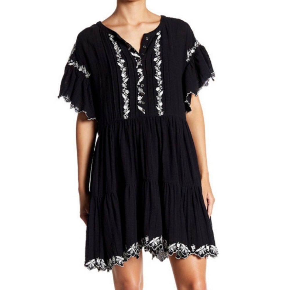 Free People Santiago Embroidered Mini Dress Size XS Black/White